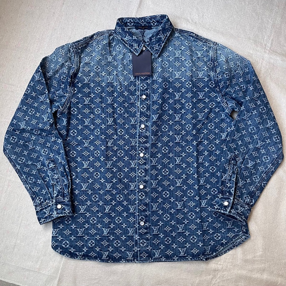 Louis Vuitton Men's Denim Monogram Button-Up Shirt in Blue